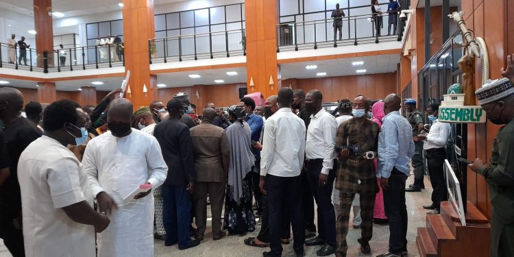 Protesting legislative aides hold Speaker, Gbajabiamila