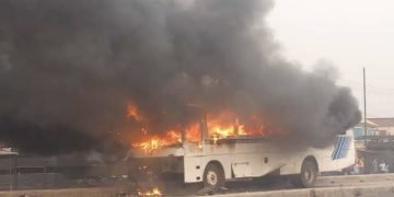 Bus conveying NYSC members bursts in flames in Delta