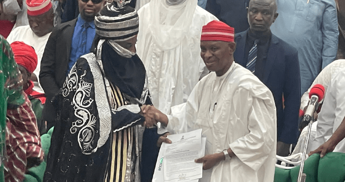 Governor Yusuf presents appointment letter to Emir Sanusi