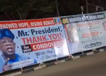 “Thank you for condolence visit” posters flood Benue as Tinubu arrives after death of 200 residents