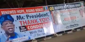 “Thank you for condolence visit” posters flood Benue as Tinubu arrives after death of 200 residents