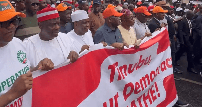 ‘Tinubu Must Go’: ADC’s Atiku, Obi, others stage #OccupyINEC protest in Abuja