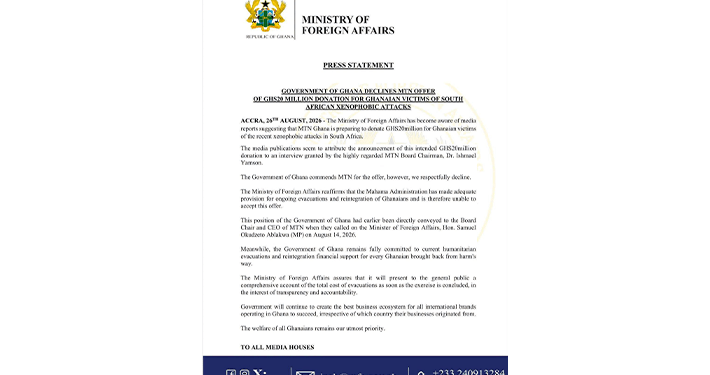 Ghana rejects MTN’s GHS20 million offer to victims of xenophobic attack in South Africa